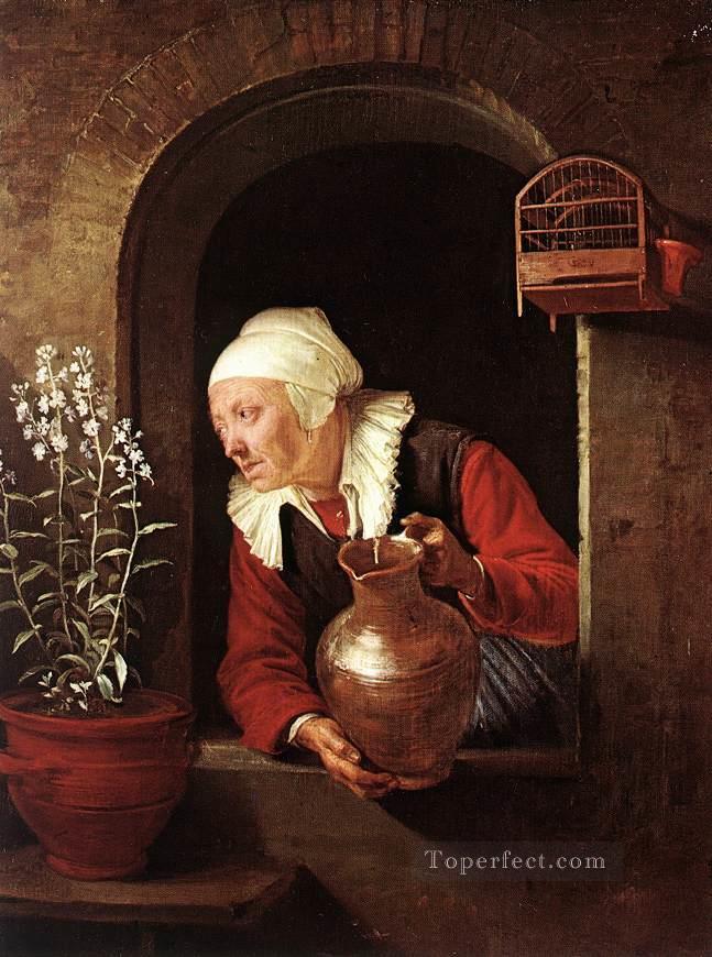 Old Woman Watering Flowers Golden Age Gerrit Dou Oil Paintings
